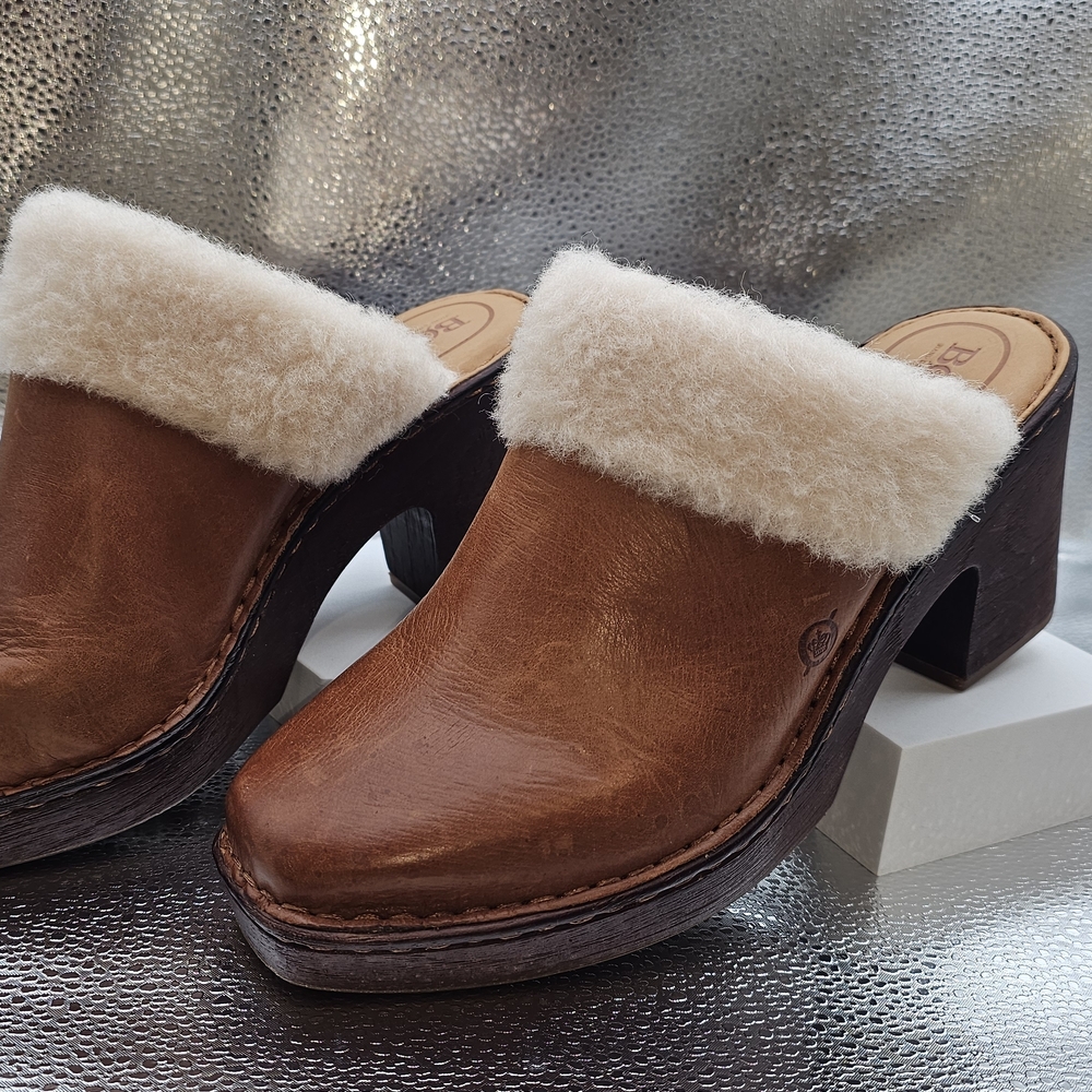 Born Shearling Lined Leather Mule Clogs Cognac Tan Size 9 - Picture 2 of 8